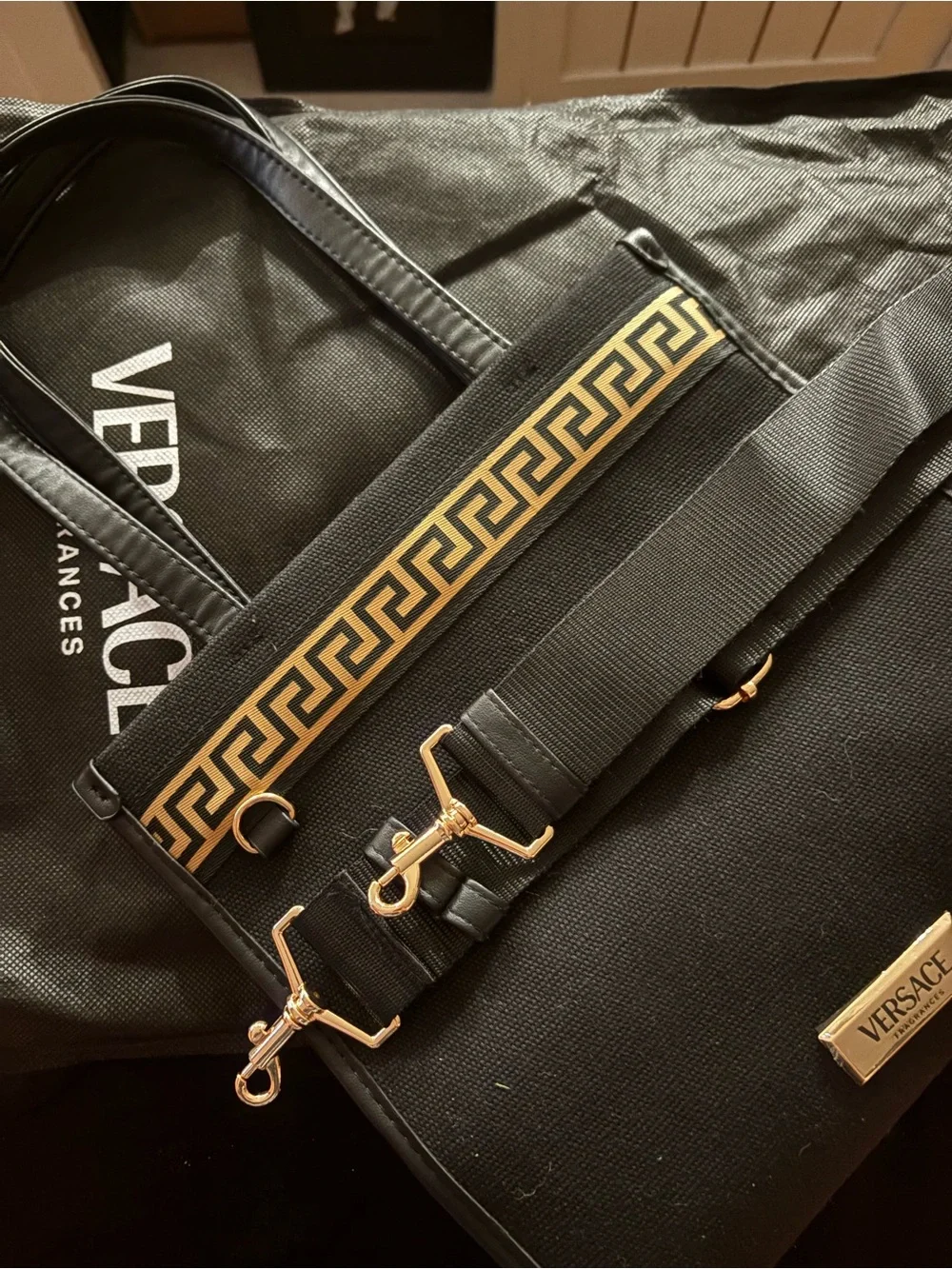 Versace Black Tote with Gold Greek Key Accent